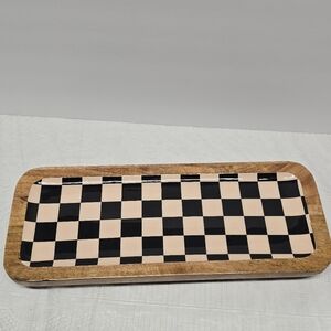 Wooden Glased Black and White Checkered Decorative Tray Riser Boho Cottage